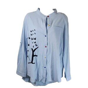 Gracila Cat and Butterfly Blue Button Down Top SZ L